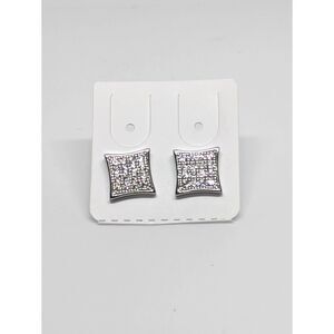 Mens Brand New 14K White Gold Plated Flared Square Iced Out Stud Earrings